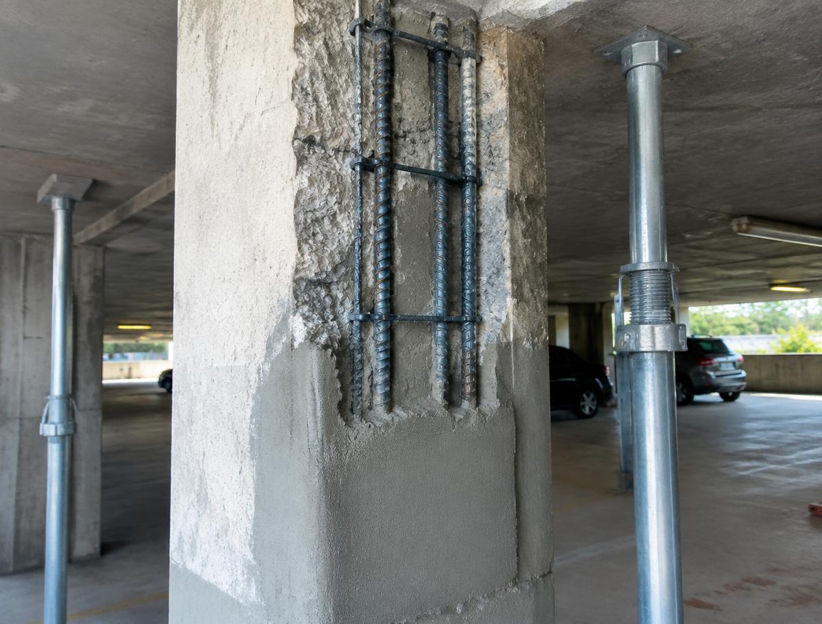 Repaired reinforced concrete column with shoring on a parking deck