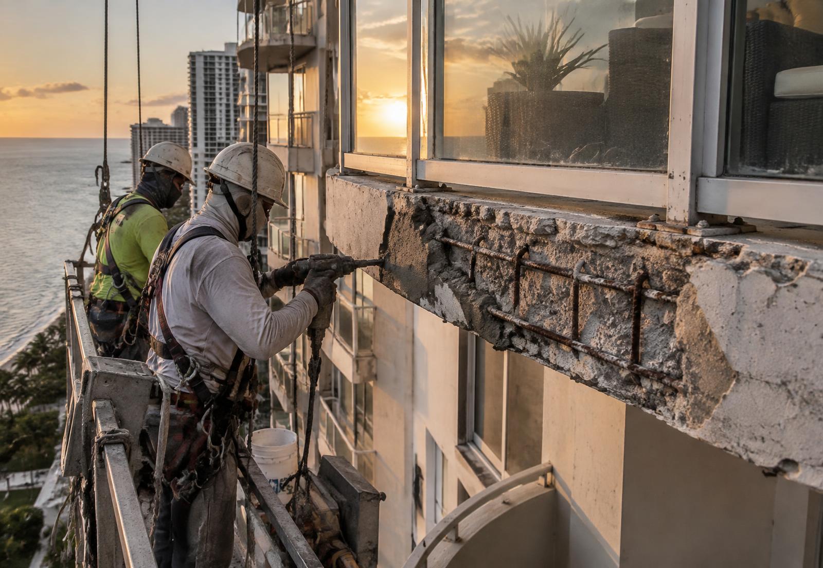 Crew repairing a spalled concrete balcony slab edge on an occupied oceanfront tower